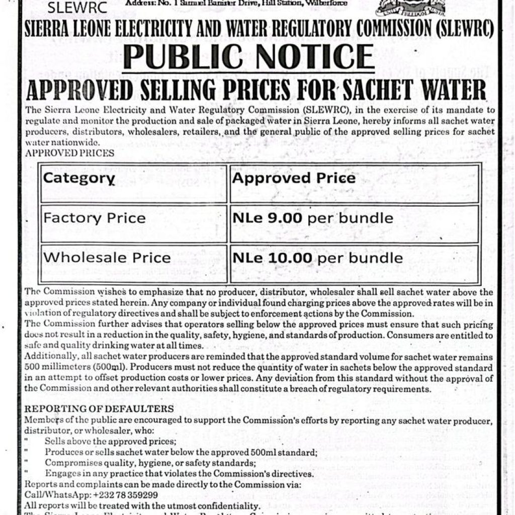 APPROVED SELLING PRICES FOR SACHET WATER
